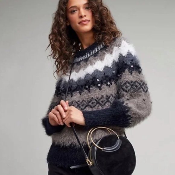 Anthropologie Sleeping On Snow Fuzzy Beaded Fair Isle Cashmere Blend Sweater, S - Picture 1 of 12